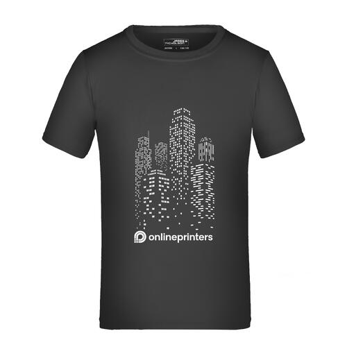 T-shirt nera da bambino in poliestere a maniche corte.