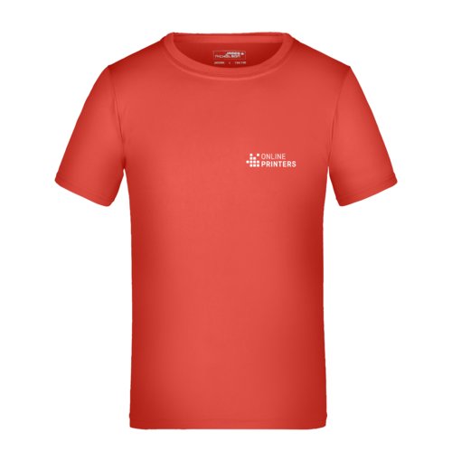T-shirt rossa da bambino in poliestere con maniche corte.