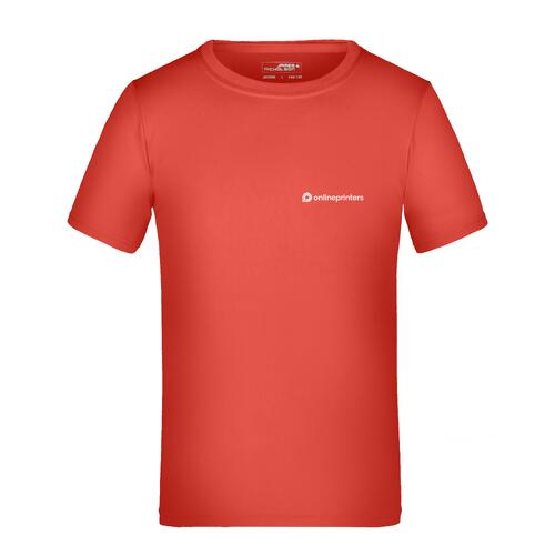 T-shirt rossa da bambino in poliestere con maniche corte.