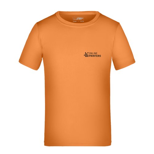T-shirt arancione da bambino in poliestere a maniche corte.