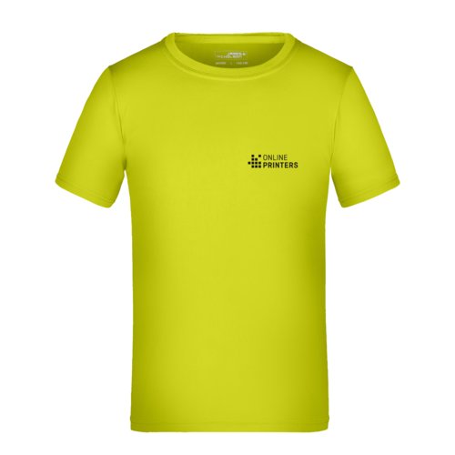 T-shirt da bambino in poliestere giallo neon a maniche corte.