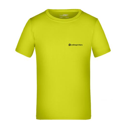 T-shirt da bambino in poliestere giallo neon a maniche corte.