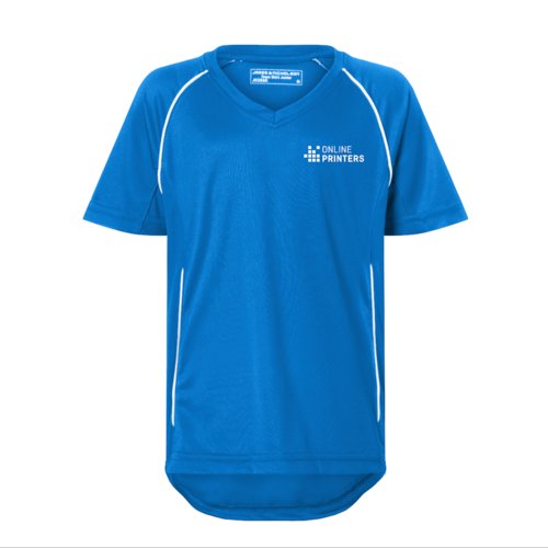 T-shirt in poliestere blu royal/bianca con scollo a V per bambini.