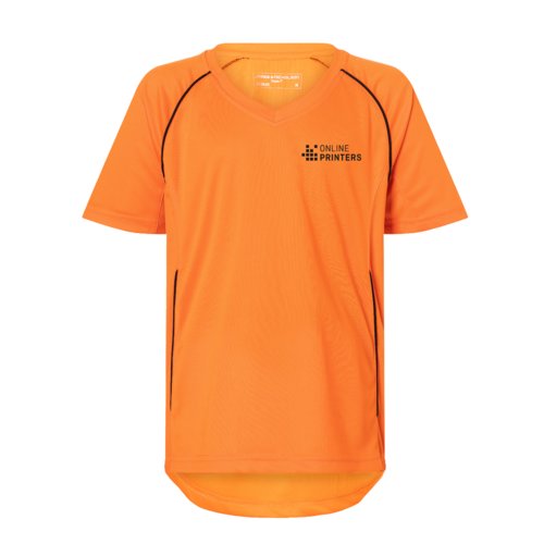 T-shirt arancione da bambino in poliestere a maniche corte.