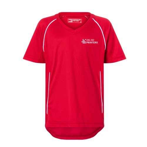 T-shirt rossa in poliestere per bambini con scollo a V e maniche corte.