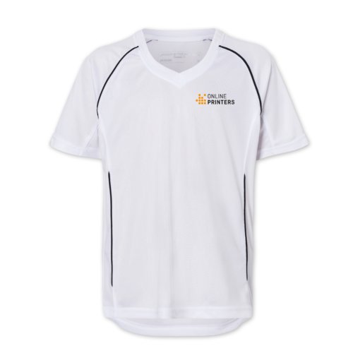 T-shirt bianca in poliestere a maniche corte.