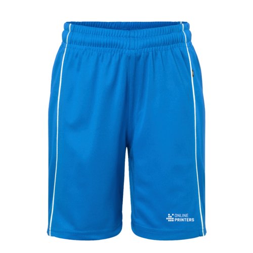 Pantaloncini in poliestere blu reale con elastico in vita e strisce laterali bianche.