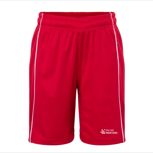 Pantaloncini rossi in poliestere con elastico in vita e bande laterali a contrasto.