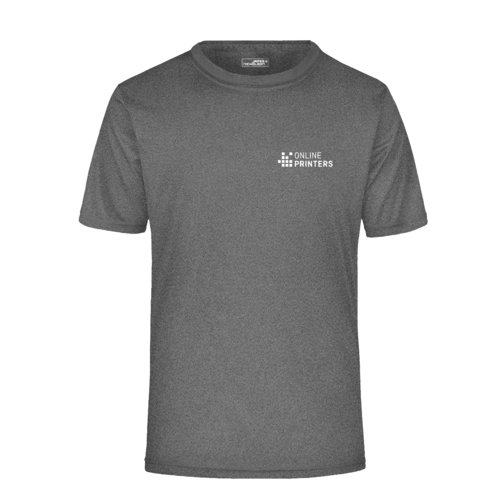 T-shirt in poliestere mlange grigio scuro con maniche corte.