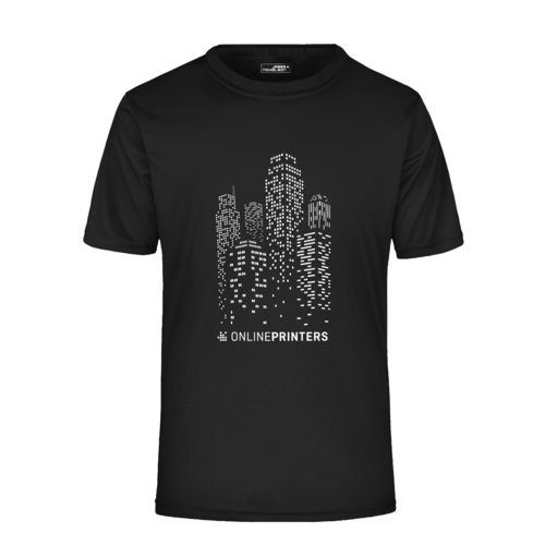 T-shirt nera in poliestere a maniche corte.