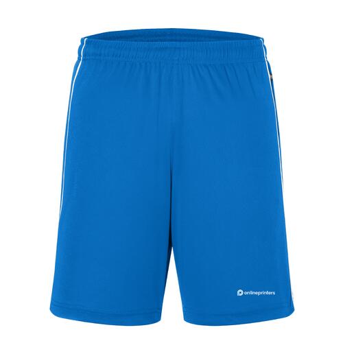 Pantaloncini blu in poliestere con elastico in vita e coulisse.