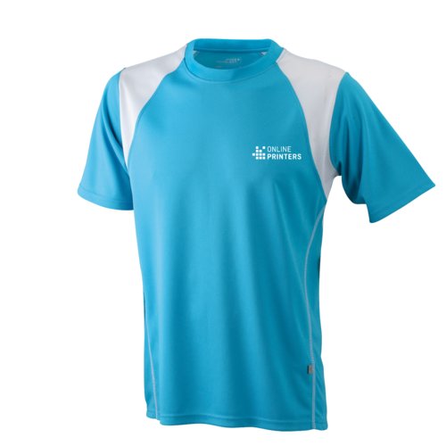 Maglietta da running in poliestere azzurro e bianco da uomo con maniche corte.