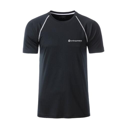 T-shirt sportiva da uomo nera e bianca in poliestere a maniche corte.