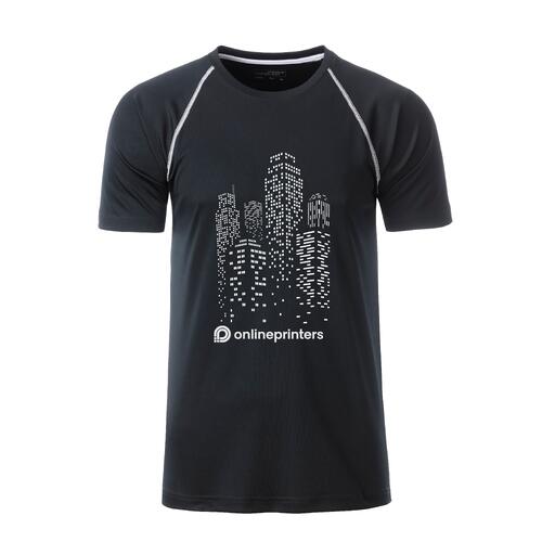T-shirt sportiva da uomo in poliestere bianco e nero a maniche corte.