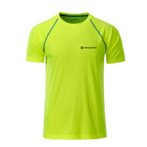 T-shirt sportiva da uomo in poliestere giallo neon/blu a maniche corte.