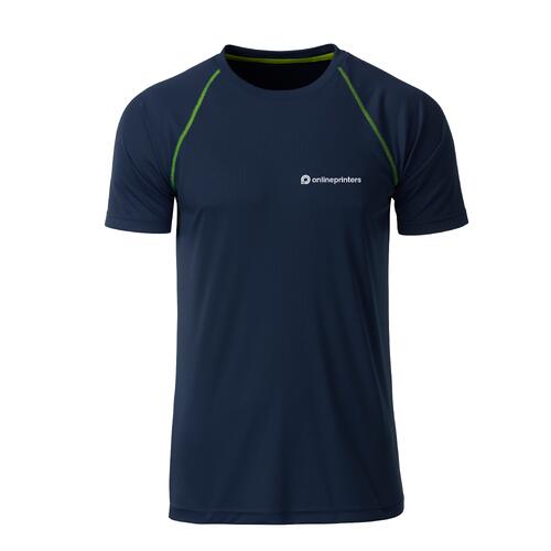 T-shirt sportiva blu navy in poliestere da uomo a maniche corte.