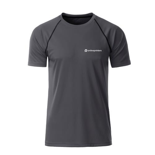 T-shirt sportiva in poliestere grigio scuro da uomo a maniche corte.
