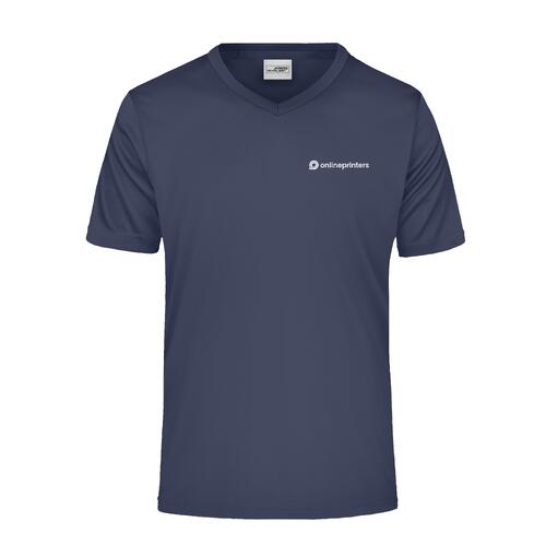 T-shirt nero-blu in poliestere con scollo a V e maniche corte.