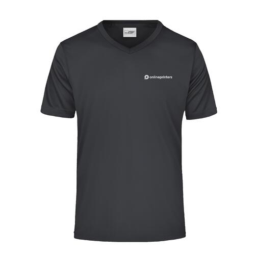 T-shirt nera in poliestere con scollo a V e maniche corte.