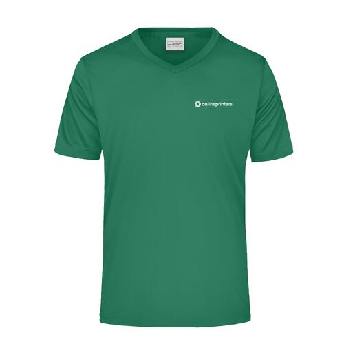T-shirt verde da uomo in materiale funzionale con scollo a V.