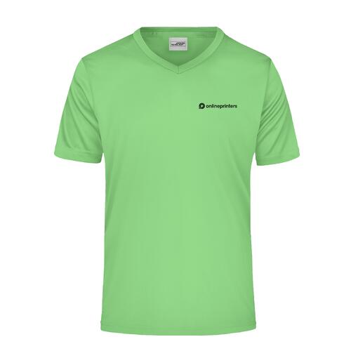T-shirt verde mela in poliestere con scollo a V e maniche corte.