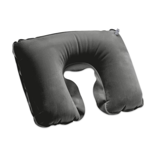 Cuscino da viaggio grigio in tessuto con design gonfiabile.