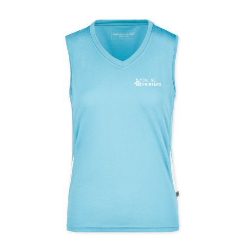 Canotta da donna in poliestere azzurro con scollo a V.