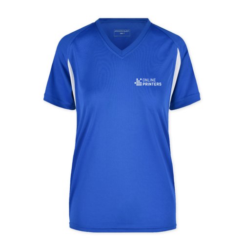 Maglietta funzionale da donna blu in poliestere con scollo a V.