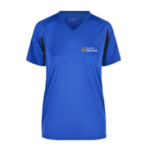 Maglietta funzionale da donna in poliestere blu reale con scollo a V.