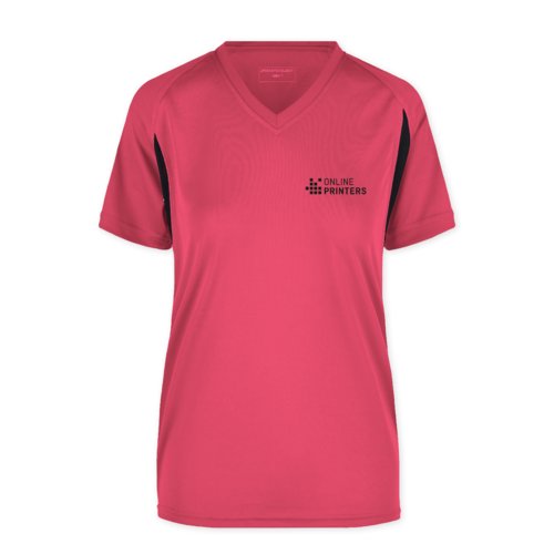 Maglietta funzionale da donna in poliestere rosa con scollo a V.