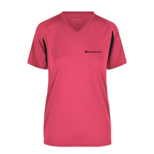 Maglietta funzionale da donna in poliestere rosa con scollo a V.