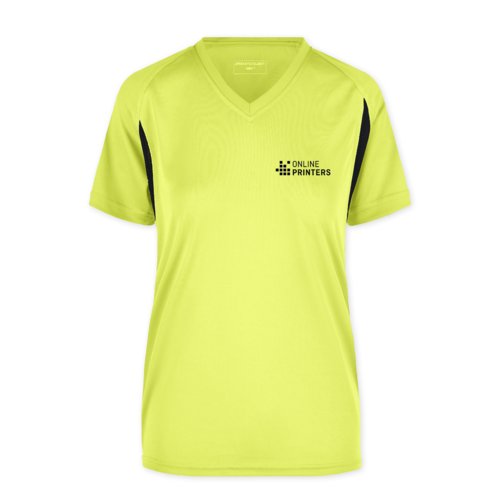Maglietta funzionale da donna in poliestere giallo neon con scollo a V.