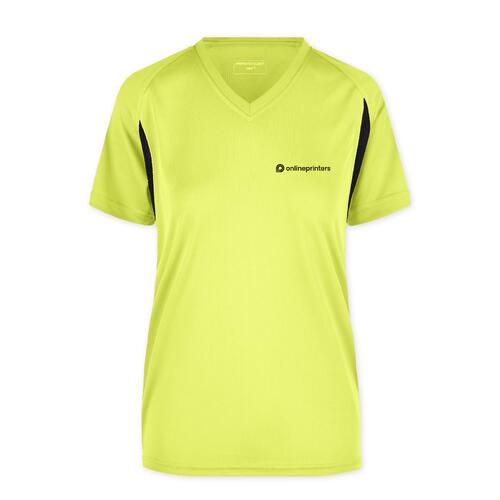 Maglietta funzionale da donna in poliestere giallo neon con scollo a V.