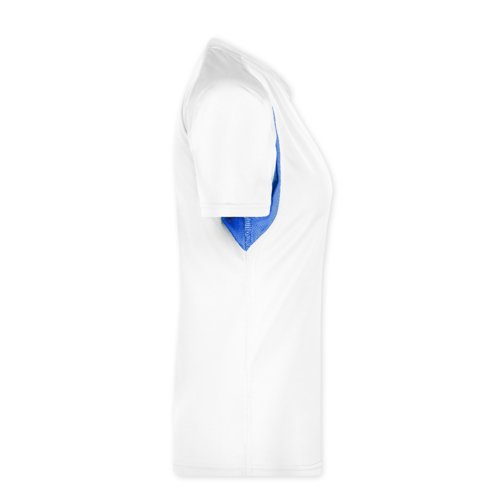 Maglietta funzionale da donna a maniche corte in poliestere bianco/blu.