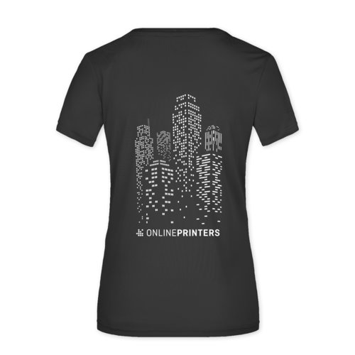 T-shirt nera da donna in poliestere a maniche corte.
