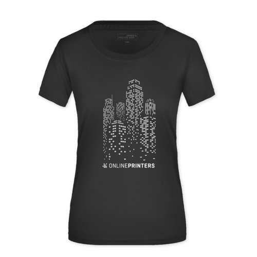 T-shirt nera da donna in poliestere a maniche corte.