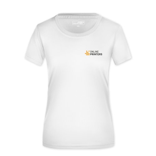 T-shirt bianca da donna in poliestere a maniche corte.