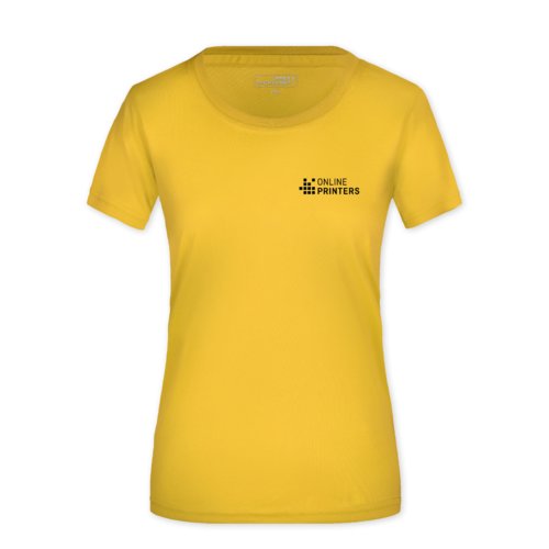 T-shirt gialla in poliestere da donna con maniche corte.