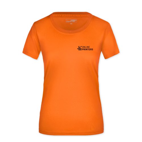 T-shirt da donna arancione in poliestere con maniche corte.