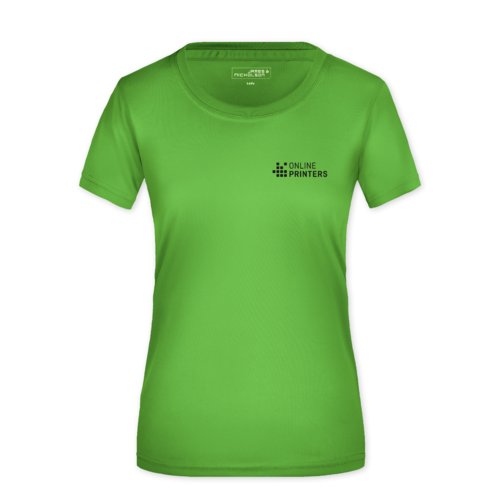 T-shirt da donna in poliestere verde mela con maniche corte.
