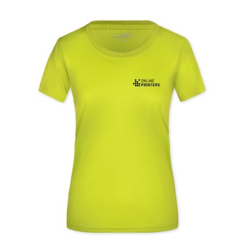 T-shirt da donna in poliestere giallo neon con maniche corte.