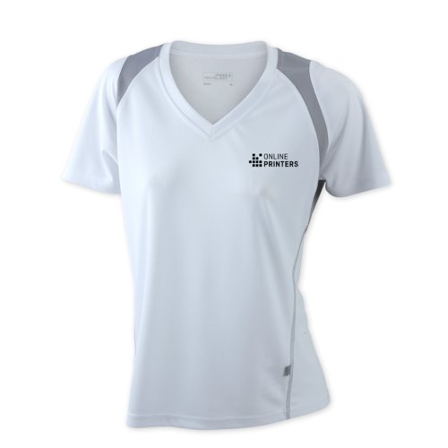 Maglietta da running bianca da donna in poliestere con scollo a V.