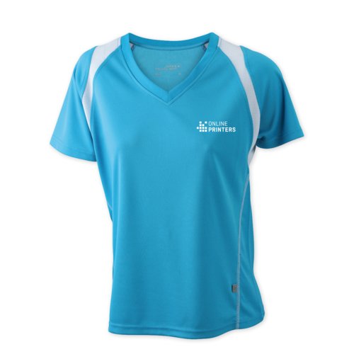 Maglietta sportiva da donna azzurra in poliestere con scollo a V.