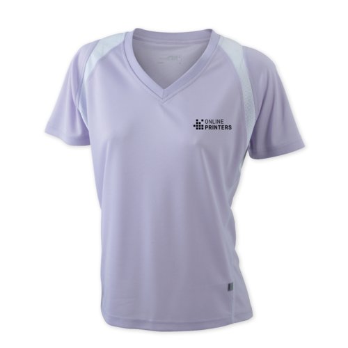 Maglietta da running viola da donna in poliestere con scollo a V e maniche corte.