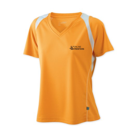 Maglietta da running arancione da donna in poliestere con scollo a V.