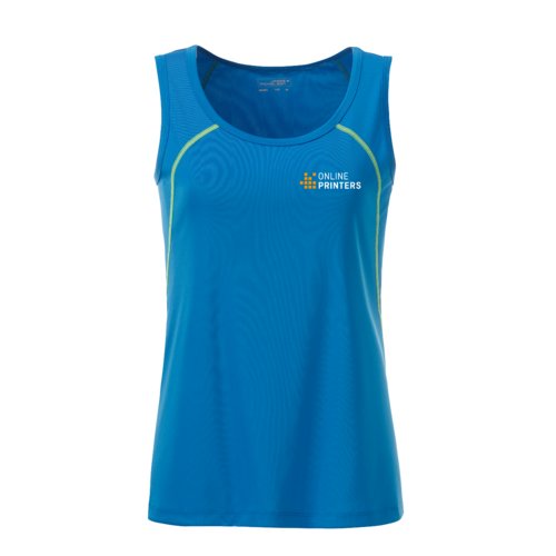Canotta sportiva da donna in poliestere blu e giallo neon.