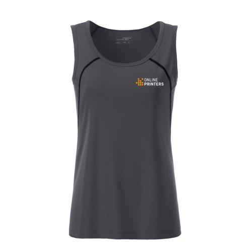 Canotta sportiva in poliestere grigio scuro da donna.