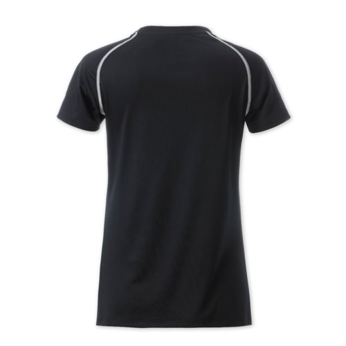 T-shirt in poliestere bianco e nero da donna con maniche corte.