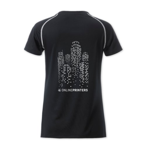 T-shirt sportiva da donna in poliestere bianco e nero.