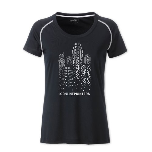T-shirt sportiva nera e bianca da donna in poliestere traspirante.